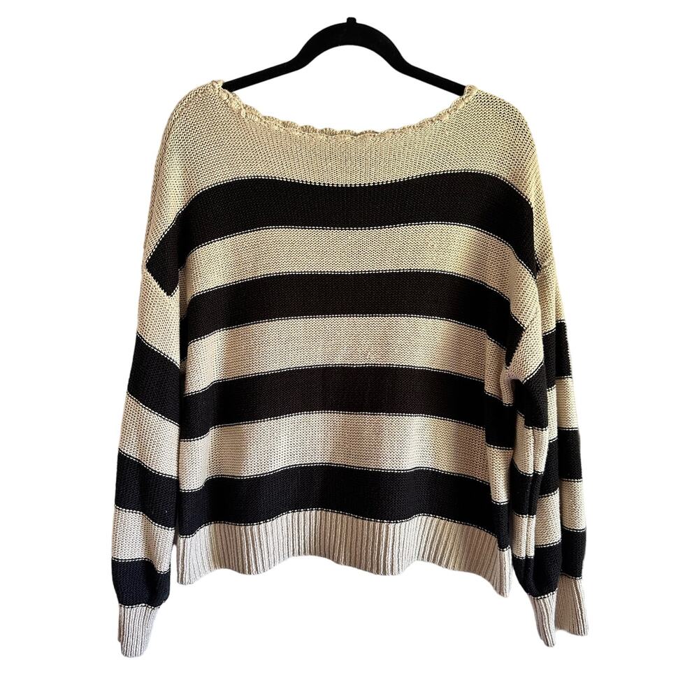 Loft W's Black and Cream Striped Drop Shoulder Boatneck Fisherman Sweater Size L